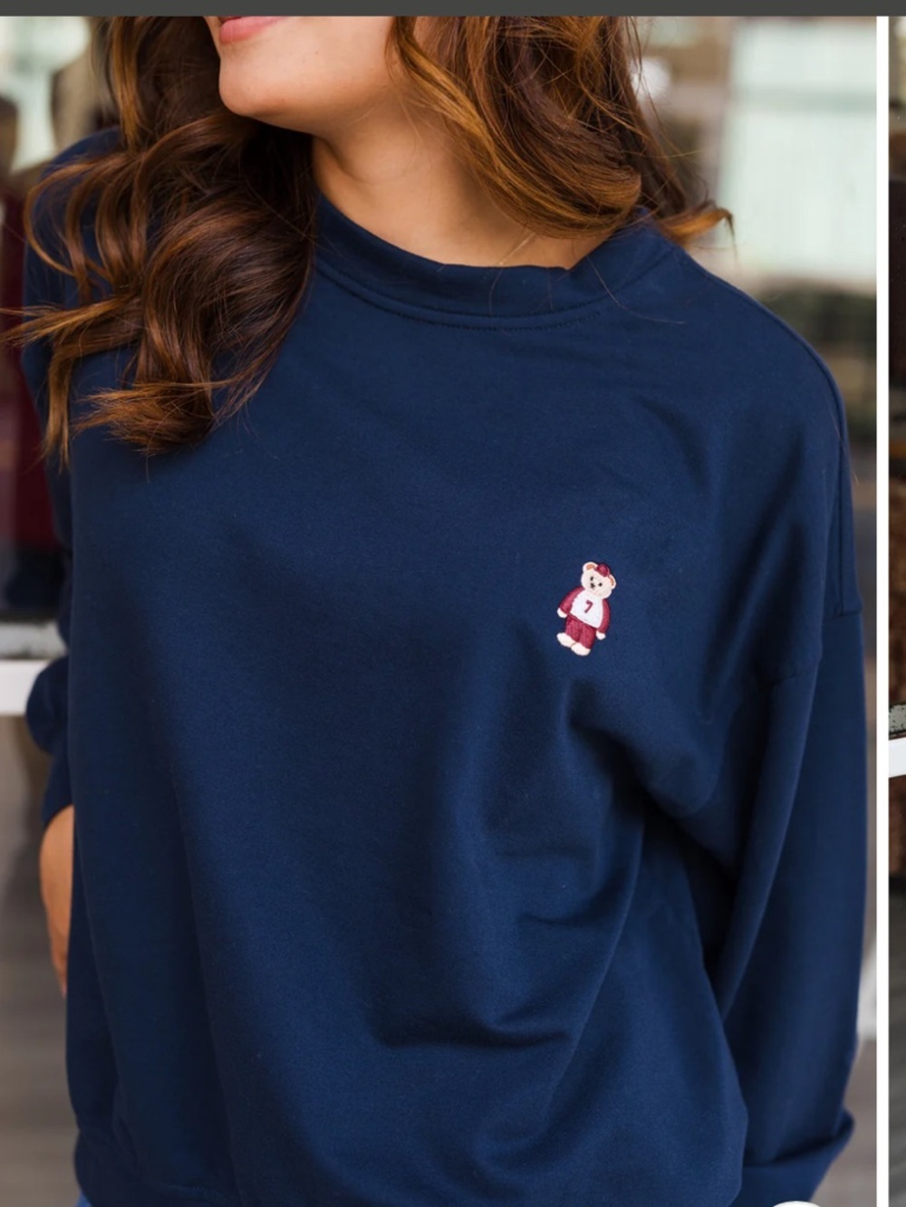 Navy Crewneck Sweater with Teddy Embroidery